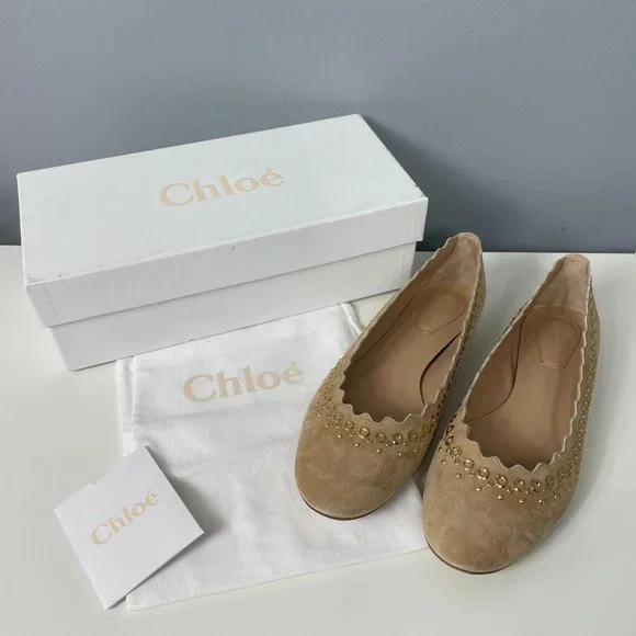 CHLOE Flo Grommet Scalloped Suede Ballerina Flat size 39